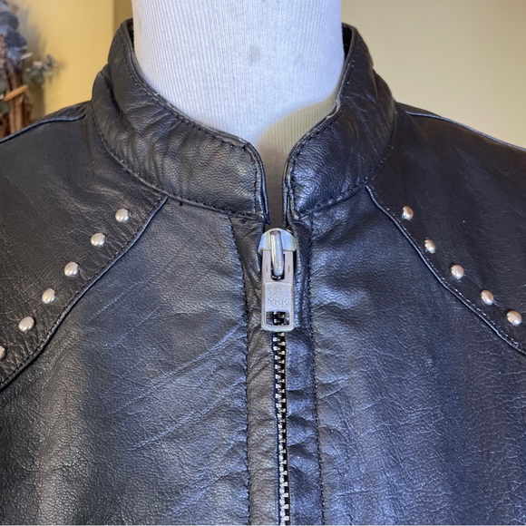 Vintage 80s Black Leather Jacket STUD Zip-Front YKK Silver HW Rock-N-Roll Biker - Picture 5 of 16